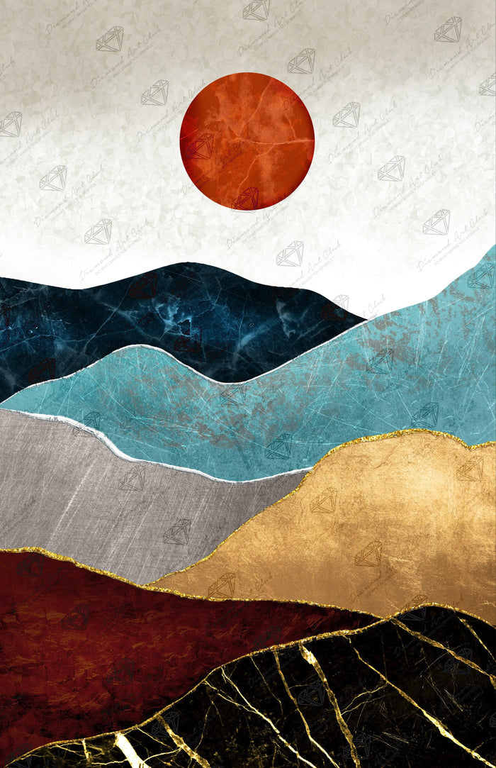 Diamond Painting Abstract Mountains & Sun-AMZ 13" x 20" (32.8cm x 50.7cm) / Round with 34 Colors including 1 ABs and 1 Fairy Dust Diamonds and 1 Electro Diamonds / 21,177