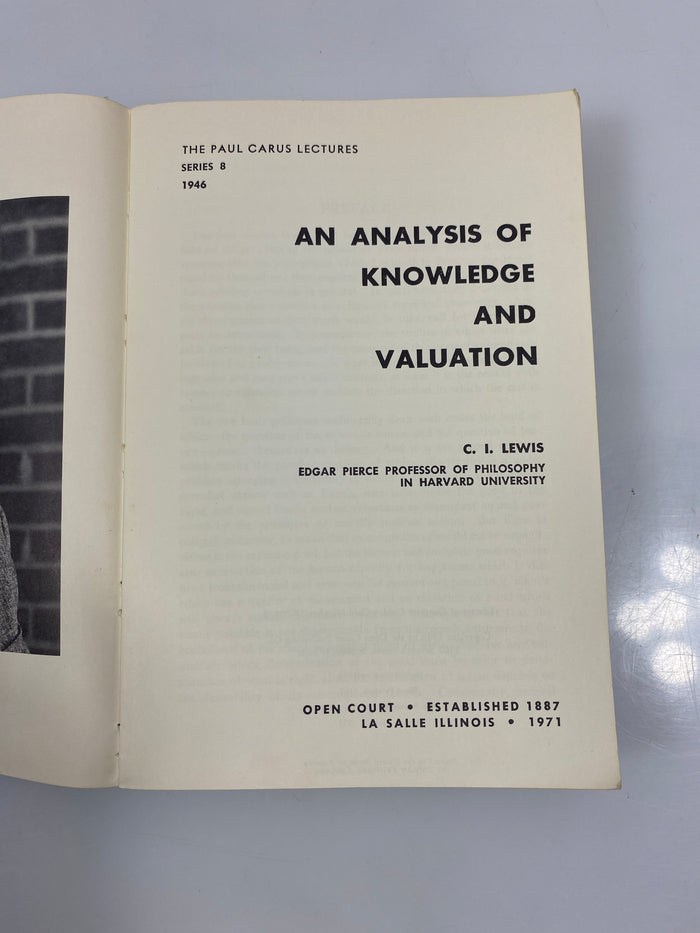 An Analysis of Knowledge & Valuation C.I. Lewis 1971 4th Print SC
