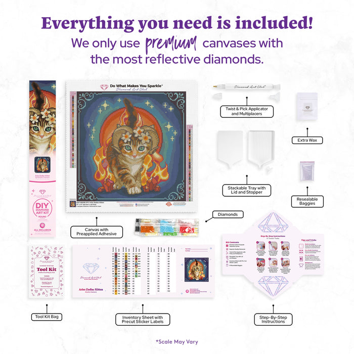Diamond Painting Aries Zodiac Kitten 17" x 17" (42.7cm x 42.7cm) / Round with 44 Colors including 2 ABs and 3 Fairy Dust Diamonds / 24,025
