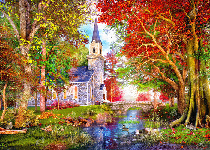 Diamond Painting Autumn Chapel 38.6" x 27.6" (97.8cm x 69.9cm) / Square with 92 Colors including 3 ABs and 4 Fairy Dust Diamonds / 110,433