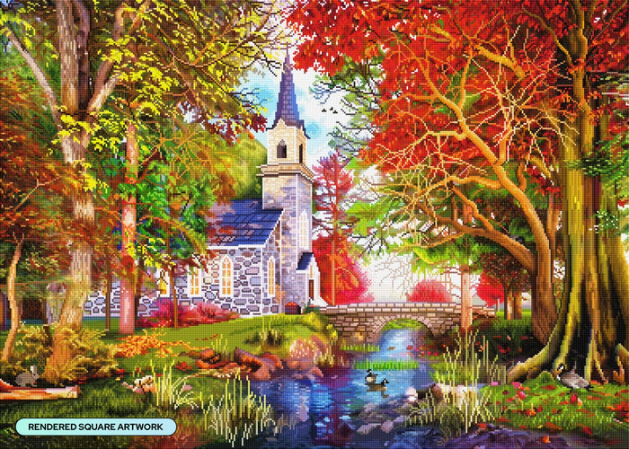 Diamond Painting Autumn Chapel 38.6" x 27.6" (97.8cm x 69.9cm) / Square with 92 Colors including 3 ABs and 4 Fairy Dust Diamonds / 110,433