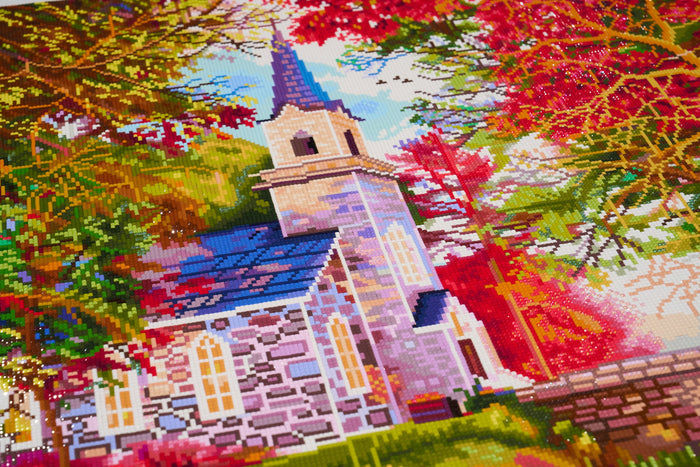 Diamond Painting Autumn Chapel 38.6" x 27.6" (97.8cm x 69.9cm) / Square with 92 Colors including 3 ABs and 4 Fairy Dust Diamonds / 110,433