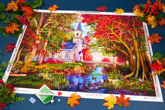 Diamond Painting Autumn Chapel 38.6" x 27.6" (97.8cm x 69.9cm) / Square with 92 Colors including 3 ABs and 4 Fairy Dust Diamonds / 110,433