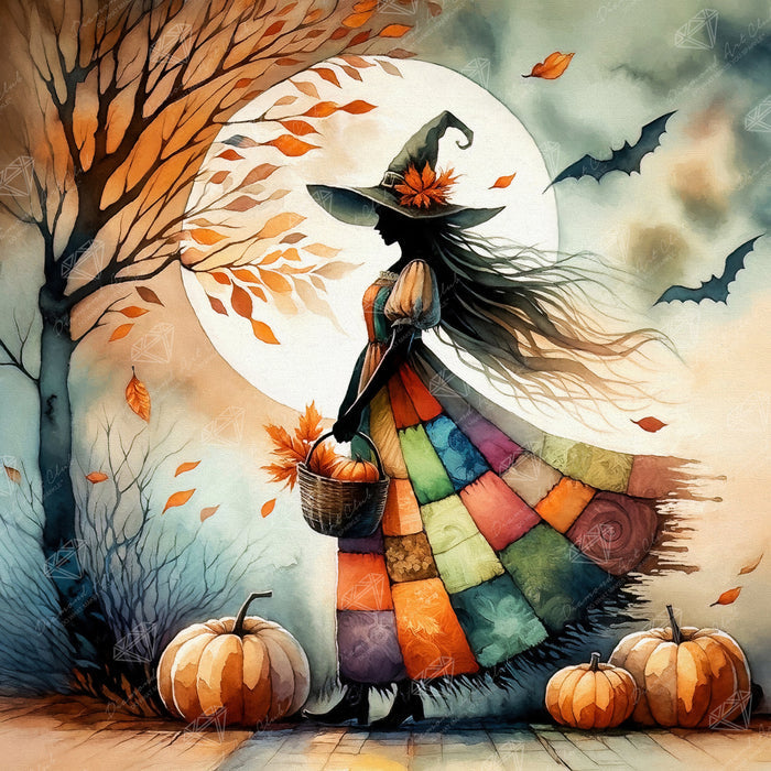 Diamond Painting Autumn Witch 22" x 22" (55.6cm x 55.6cm) / Round with 63 Colors including 2 ABs and 2 Fairy Dust Diamonds / 40,804