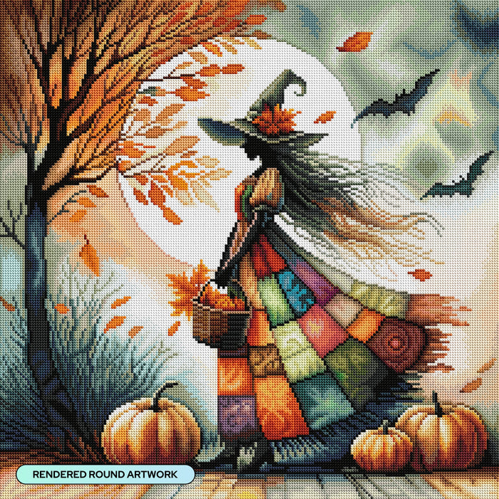 Diamond Painting Autumn Witch 22" x 22" (55.6cm x 55.6cm) / Round with 63 Colors including 2 ABs and 2 Fairy Dust Diamonds / 40,804