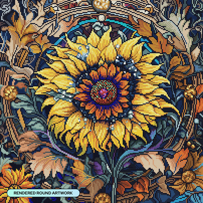 Diamond Painting Autumnal Sunflower 22" x 22" (55.6cm x 55.6cm) / Round With 77 Colors Including 3 ABs and 3 Fairy Dust Diamonds / 40,804