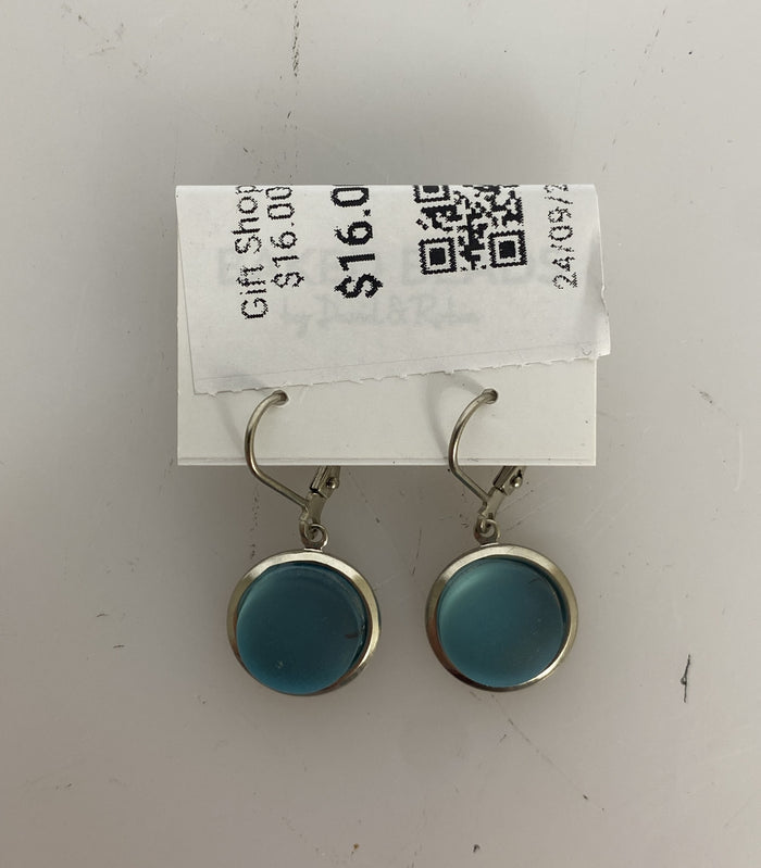 Baked Beads Silver Light Blue Sea Glass Dangle Earrings