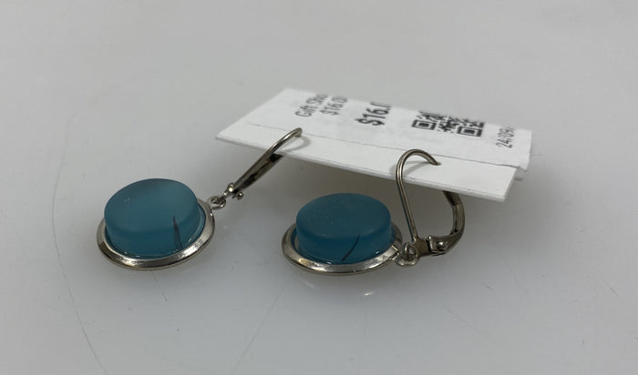 Baked Beads Silver Light Blue Sea Glass Dangle Earrings
