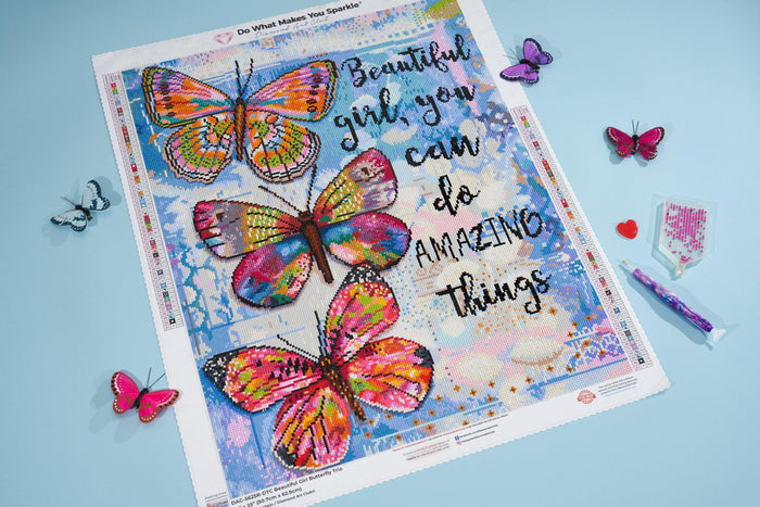 Diamond Painting Beautiful Girl Butterfly Trio 25" x 20" (63.6cm x 50.7cm) / Round with 63 colors including 3 ABs and 1 iridescent Diamonds and 1 Fairy Dust Diamonds / 41,268