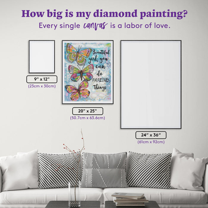 Diamond Painting Beautiful Girl Butterfly Trio 25" x 20" (63.6cm x 50.7cm) / Round with 63 colors including 3 ABs and 1 iridescent Diamonds and 1 Fairy Dust Diamonds / 41,268