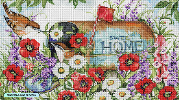 Diamond Painting Birds in the Mailbox 30" x 17" (75.9cm x 42.7cm) / Round with 67 Colors including 5 ABs and 2 Fairy Dust Diamonds / 42,780