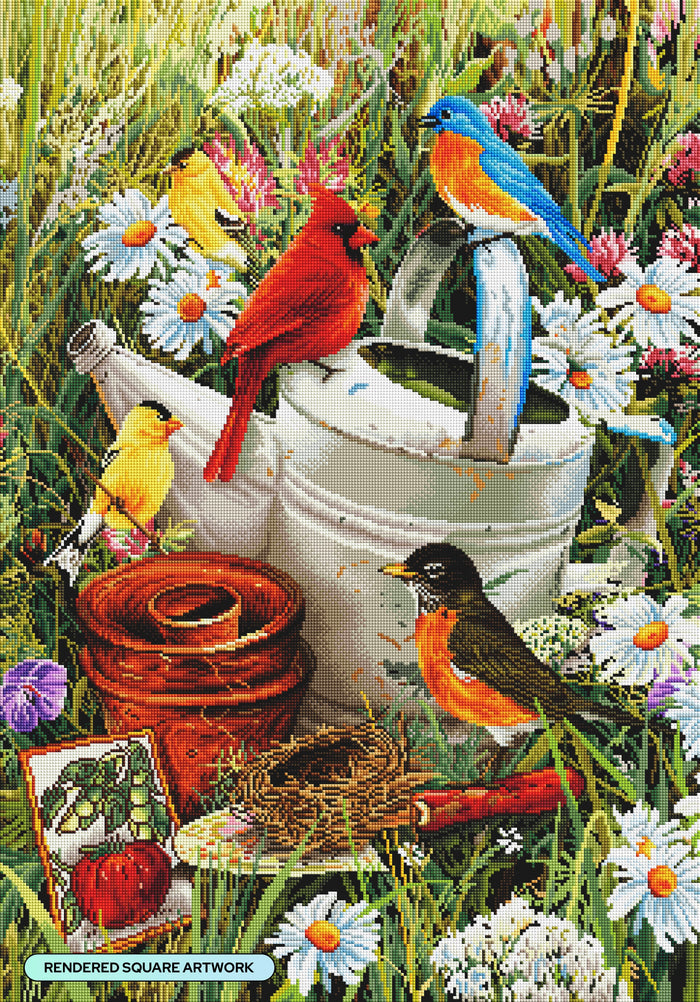 Diamond Painting Birds with Watering Can 23.6" x 33.9" (60cm x 85.9cm) / Square with 87 Colors including 3 ABs and 3 Fairy Dust Diamonds / 83,145