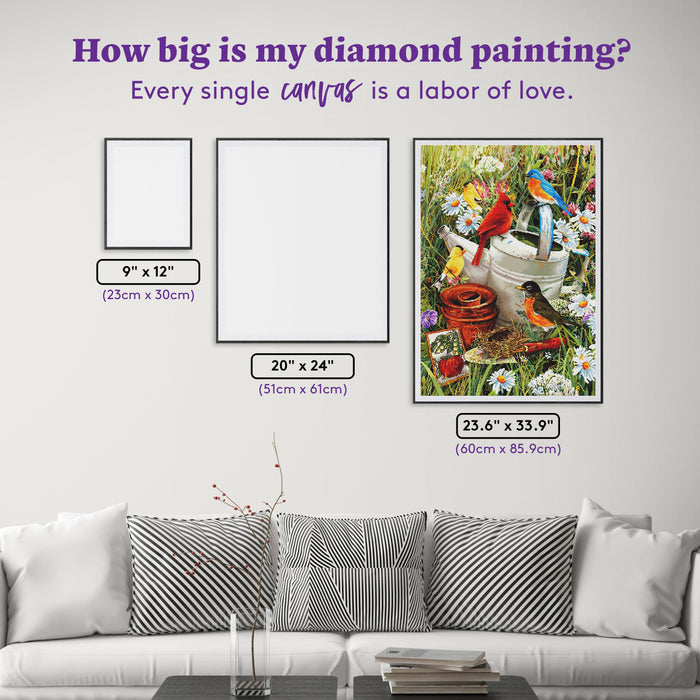 Diamond Painting Birds with Watering Can 23.6" x 33.9" (60cm x 85.9cm) / Square with 87 Colors including 3 ABs and 3 Fairy Dust Diamonds / 83,145