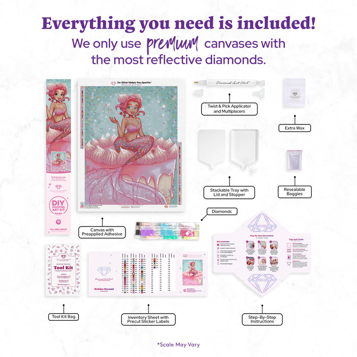 Diamond Painting Birthday Mermaid 22" x 28" (55.6cm x 70.7cm) / Round with 56 Colors including 2 ABs and 1 Frosted Diamond and 6 Fairy Dust Diamonds / 51,914