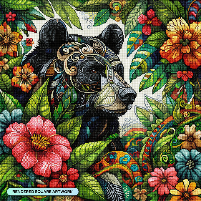 Diamond Painting Black Bear and Flowers 27.6" x 27.6" (69.9cm x 69.9cm) / Square with 63 Colors including 3 ABs and 2 Fairy Dust Diamonds / 78,961