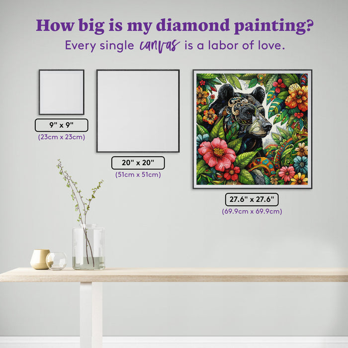 Diamond Painting Black Bear and Flowers 27.6" x 27.6" (69.9cm x 69.9cm) / Square with 63 Colors including 3 ABs and 2 Fairy Dust Diamonds / 78,961