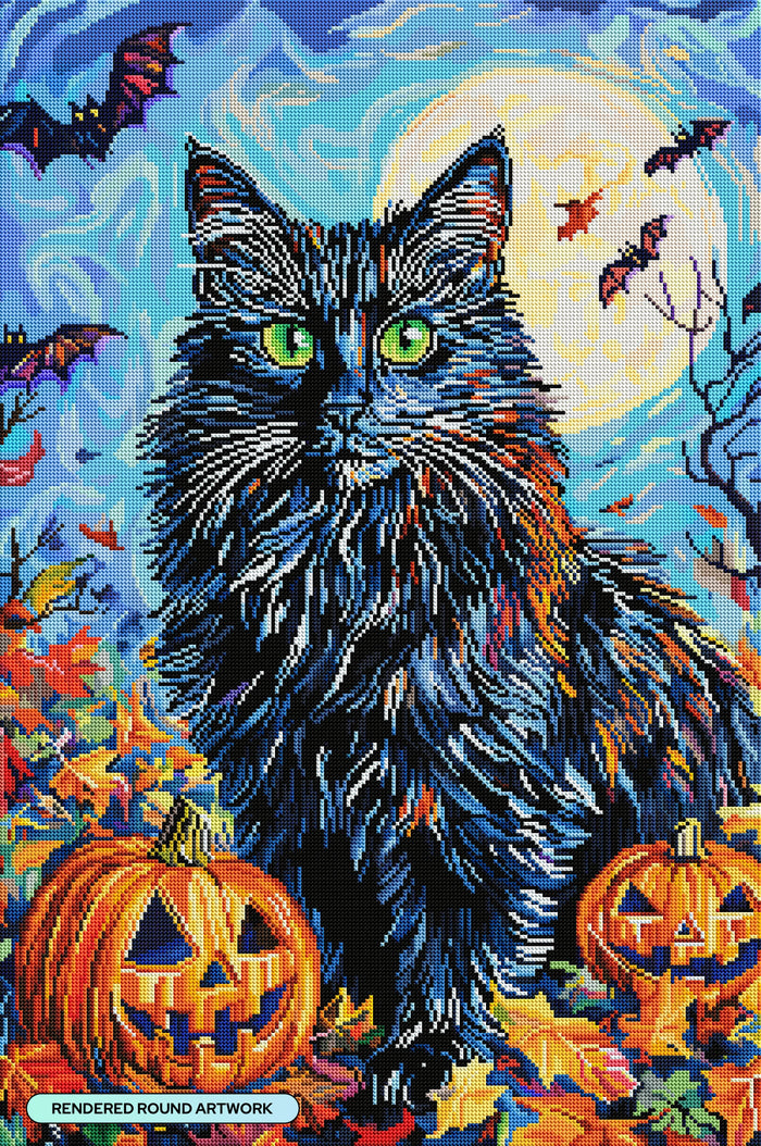 Diamond Painting Black Cat with Pumpkins 22" x 33" (55.6cm x 83.7cm) / Round with 88 Colors including 2 ABs and 4 Fairy Dust Diamonds / 61,408