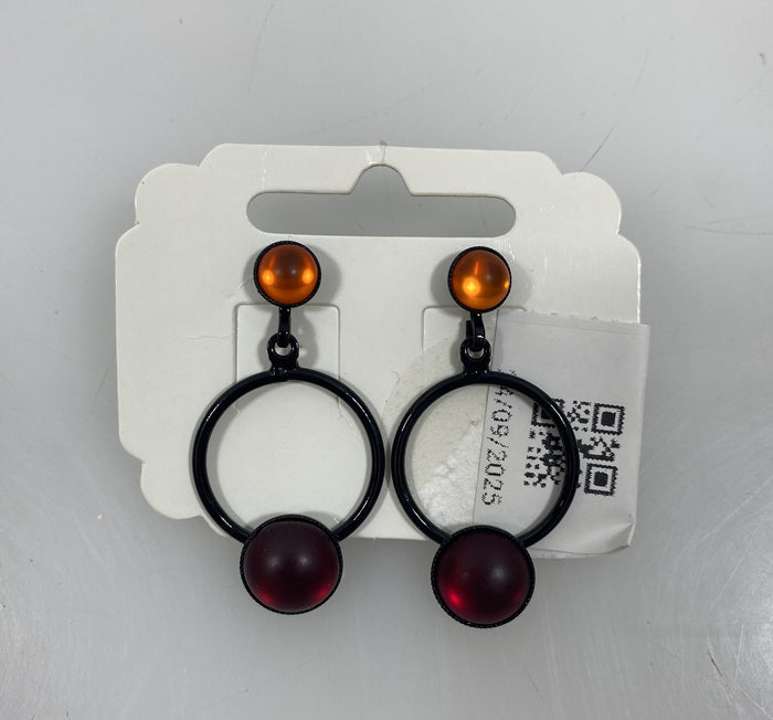 Black Circular Metallic Red and Orange Beaded Earrings