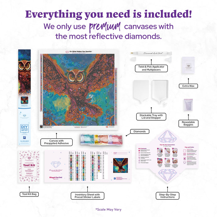 Diamond Painting Blinged Out Owl 25.6" x 25.6" (65cm x 65cm) / Square with 80 Colors including 3 ABs and 3 Fairy Dust Diamonds / 68,121