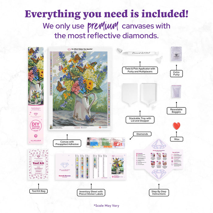 Diamond Painting Butterfly Blossoms 20" x 27" (50.7cm x 69cm) / Round with 60 Colors including 4 ABs / 44,526