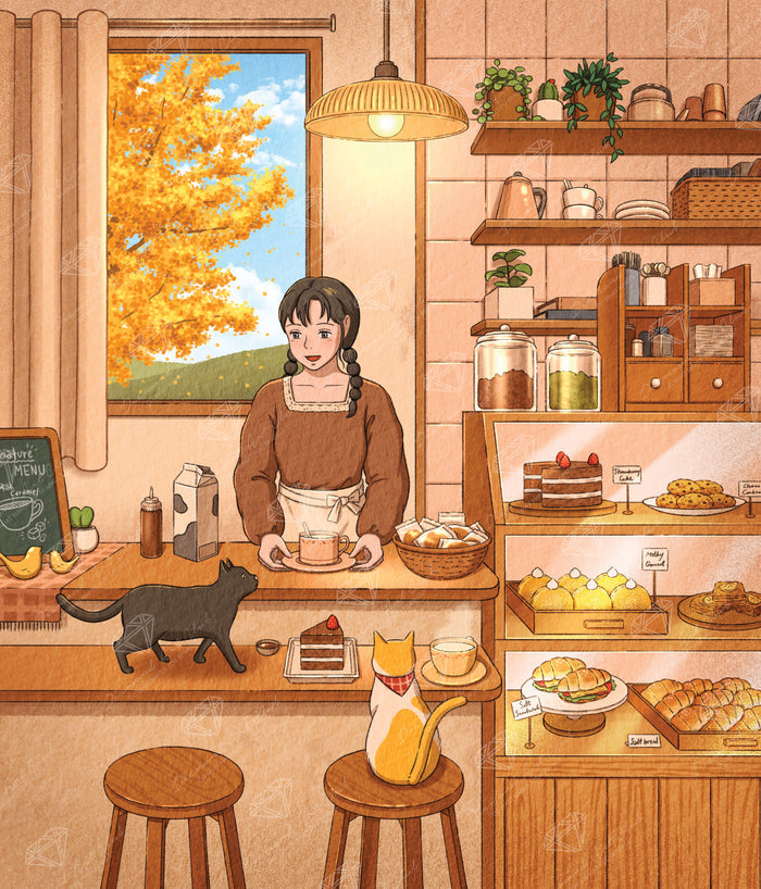 Diamond Painting Café in the Autumn 25.6" x 29.9" (65cm x 75.9cm) / Square With 48 Colors Including 3 ABs and 3 Fairy Dust Diamonds / 79,605