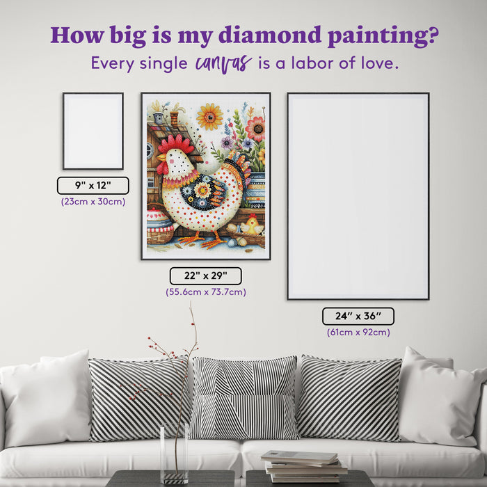 Diamond Painting Calico Chicken 22" x 29" (55.6cm x 73.7cm) / Round with 71 Colors including 3 ABs and 3 Fairy Dust Diamonds / 54,136