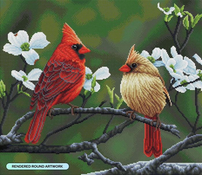 Diamond Painting Cardinals and Dogwood 25" x 22" (63.8cm x 55.6cm) / Round With 55 Colors Including 1 AB and 5 Fairy Dust Diamonds / 46,864