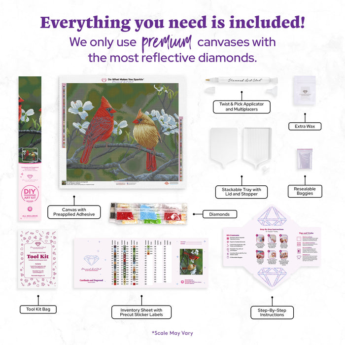 Diamond Painting Cardinals and Dogwood 25" x 22" (63.8cm x 55.6cm) / Round With 55 Colors Including 1 AB and 5 Fairy Dust Diamonds / 46,864