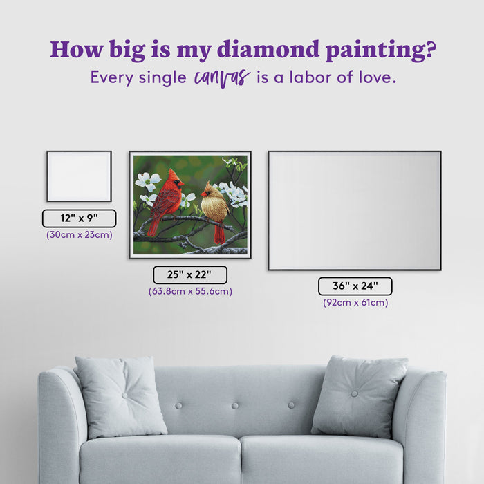 Diamond Painting Cardinals and Dogwood 25" x 22" (63.8cm x 55.6cm) / Round With 55 Colors Including 1 AB and 5 Fairy Dust Diamonds / 46,864