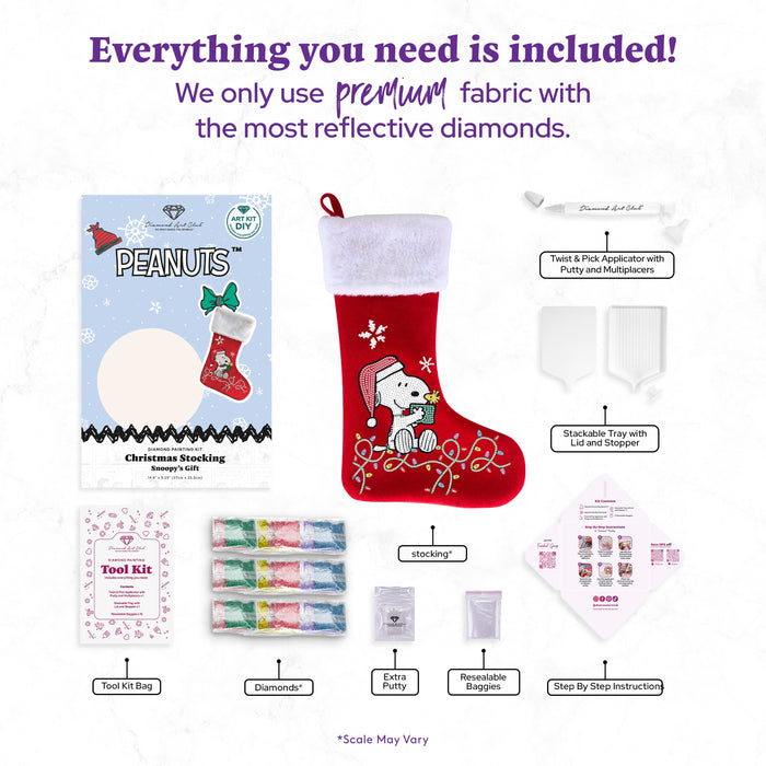 Diamond Painting Christmas Stocking - Snoopy’s Gift 9.45" x 14.6" (24cm x 37cm) / Round with 10 Colors including 4 Special Diamonds / 1,012