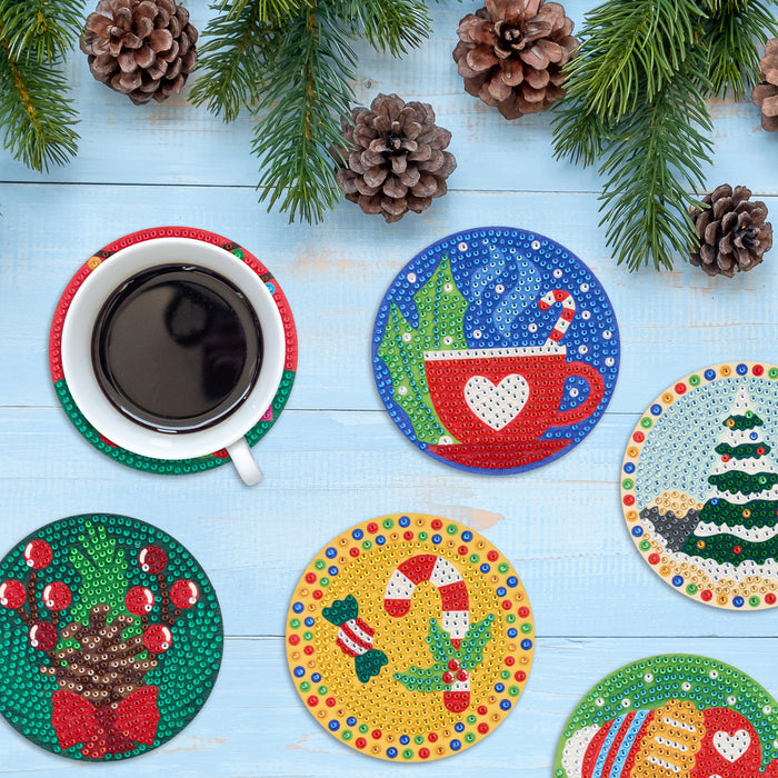 Diamond Painting Coasters - Christmas Merry & Bright 4" x 4" (10cm x 10cm) / Round with 28 Colors including 28 Iridescent Diamonds / 1,920