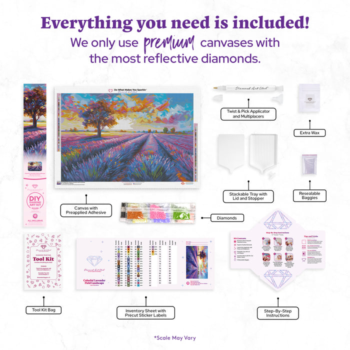Diamond Painting Colorful Lavender Field Landscape 33" x 22" (83.7cm x 55.6cm) / Round with 55 Colors including 2 ABs and 4 Fairy Dust Diamonds / 61,408
