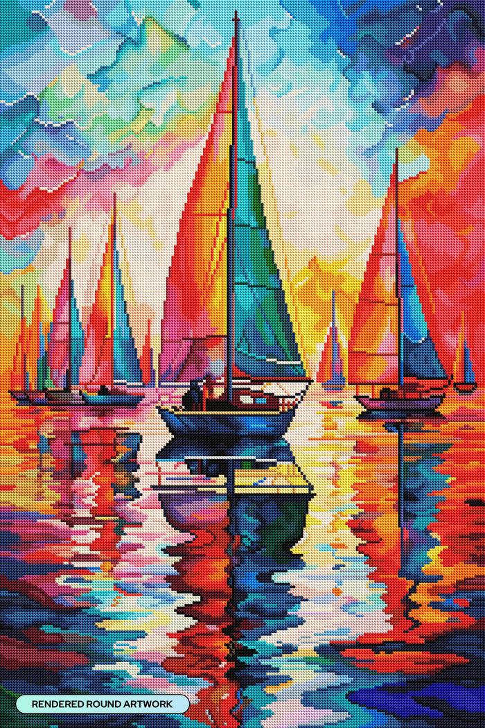 Diamond Painting Colorful Sailboats 20" x 30" (50.6cm x 76cm) / Round with 87 Colors including 2 ABs and 3 Fairy Dust Diamonds / 50,784