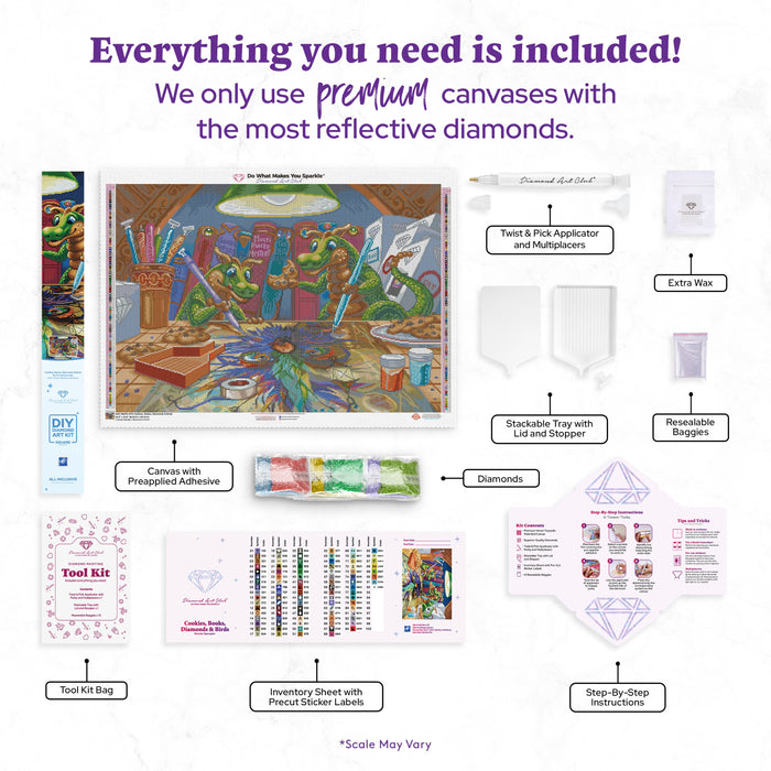 Diamond Painting Cookies, Books, Diamonds & Birds 33.9" x 23.6" (85.9cm x 60cm) / Square with 92 Colors including 5 ABs and 1 Iridescent Diamond and 4 Fairy Dust Diamonds / 83,145