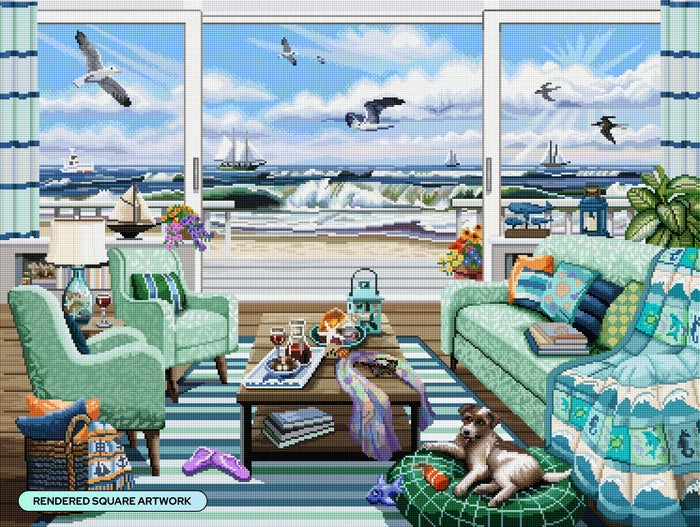 Diamond Painting Cozy by the Sea 36.6" x 27.6" (92.8cm x 69.9cm) / Square with 96 Colors including 2 ABs and 5 Fairy Dust Diamonds / 104,813