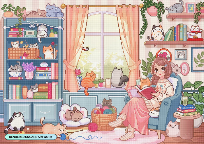 Diamond Painting Cozy Cats 39" x 27.6" (98.8cm x 69.9cm) / Square with 89 Colors including 1 AB and 6 Fairy Dust Diamonds / 111,557
