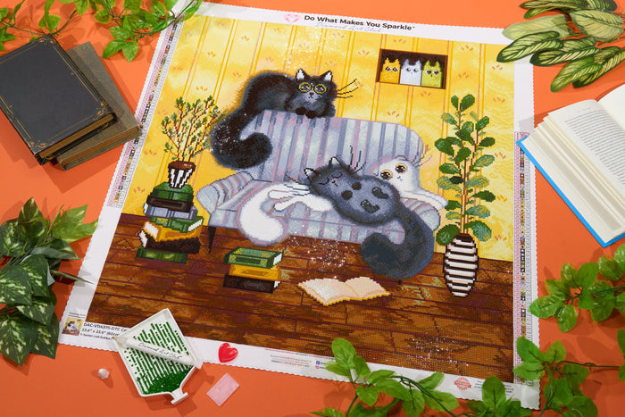 Diamond Painting Cozy Couch Companions 23.6" x 23.6" (60cm x 60cm) / Square With 63 Colors Including 2 ABs and 1 Iridescent Diamond and 1 Fairy Dust Diamond / 58,081