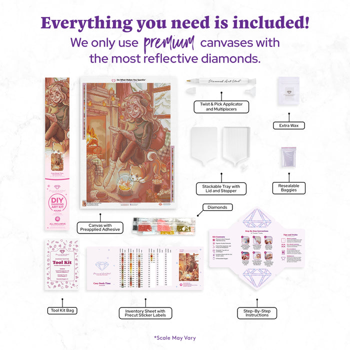 Diamond Painting Cozy Study Time 22" x 31" (55.6cm x 78.7cm) / Round With 56 Colors Including 2 ABs and 3 Fairy Dust Diamonds / 57,772