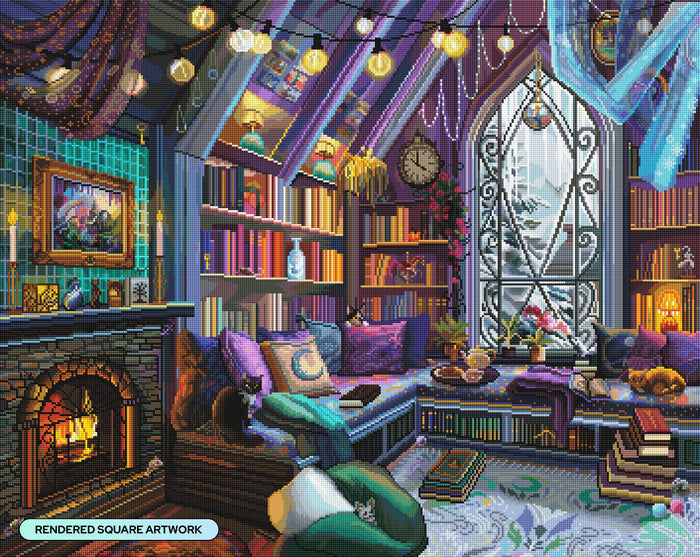 Diamond Painting Cozy Winter Book Nook 34.7" x 27.6" (87.9cm x 69.9cm) / Square with 95 Colors including 3 ABs and 1 Frosted Diamond and 4 Fairy Dust Diamonds / 99,193