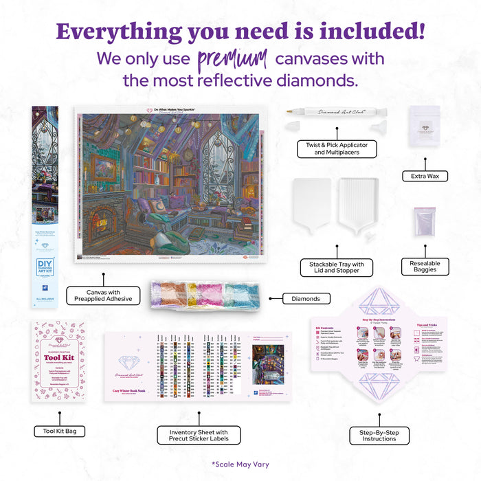 Diamond Painting Cozy Winter Book Nook 34.7" x 27.6" (87.9cm x 69.9cm) / Square with 95 Colors including 3 ABs and 1 Frosted Diamond and 4 Fairy Dust Diamonds / 99,193