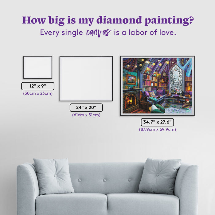 Diamond Painting Cozy Winter Book Nook 34.7" x 27.6" (87.9cm x 69.9cm) / Square with 95 Colors including 3 ABs and 1 Frosted Diamond and 4 Fairy Dust Diamonds / 99,193