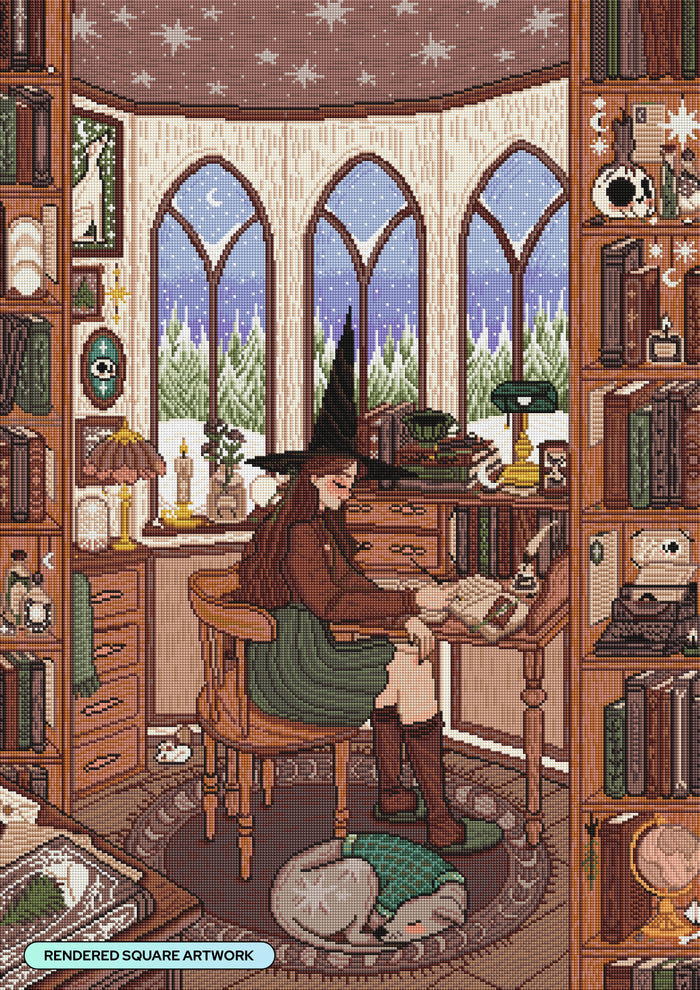 Diamond Painting Dark Academia Desk, Wika And Lumi 25.6" x 36.2" (65cm x 91.8cm) / Square with 38 Colors including 1 AB and 1 Electro Diamond and 3 Fairy Dust Diamonds / 96,309