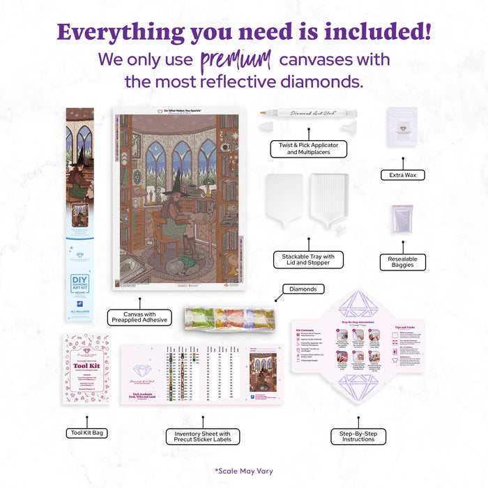 Diamond Painting Dark Academia Desk, Wika And Lumi 25.6" x 36.2" (65cm x 91.8cm) / Square with 38 Colors including 1 AB and 1 Electro Diamond and 3 Fairy Dust Diamonds / 96,309