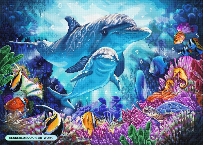 Diamond Painting Dolphin Guardian 38.6" x 27.6" (97.8cm x 69.9cm) / Square with 63 Colors including 4 ABs and 3 Fairy Dust Diamonds / 110,433