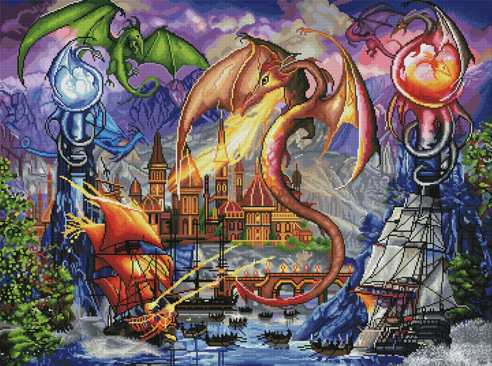Diamond Painting Dragon Attack 35.8" x 27.6″ (91cm x 70cm) / Square with 67 Colors including 3 ABs / 99,996