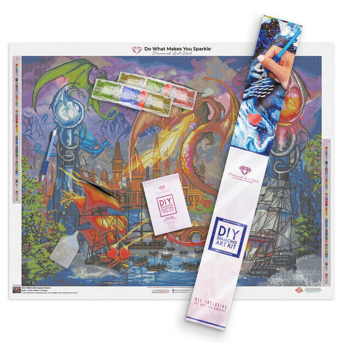 Diamond Painting Dragon Attack 35.8" x 27.6″ (91cm x 70cm) / Square with 67 Colors including 3 ABs