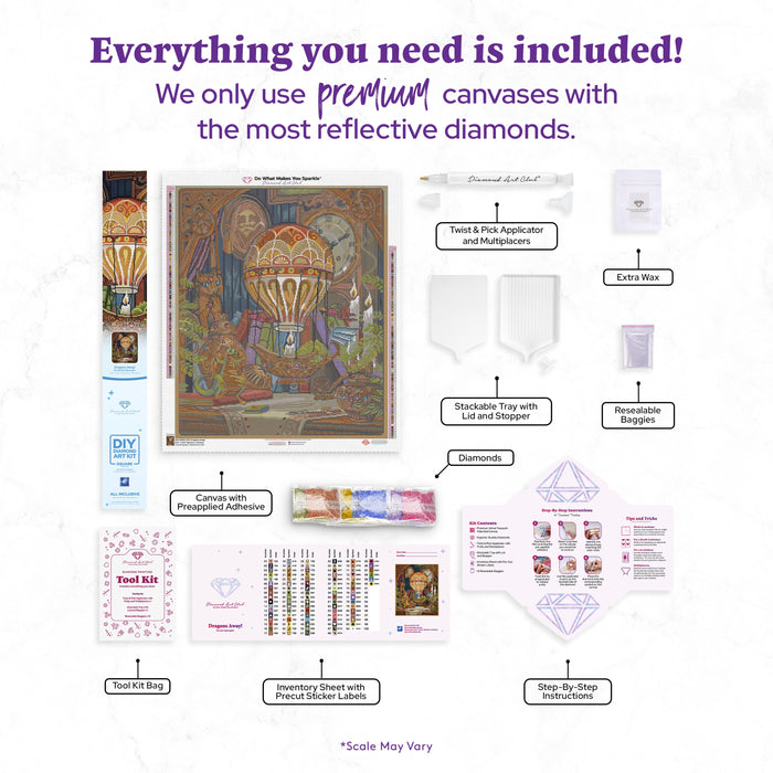 Diamond Painting Dragons Away! 25.6" x 30.3" (65cm x 76.9cm) / Square with 90 Colors including 2 ABs and 2 Iridescent Diamonds and 4 Fairy Dust Diamonds / 80,649