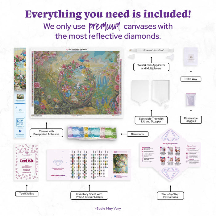 Diamond Painting Easter Garden Paradise 37.4" x 27.6" (94.8cm x 69.9cm) / Square with 94 Colors including 3 ABs and 1 Iridescent Diamond and 4 Fairy Dust Diamonds / 107,061