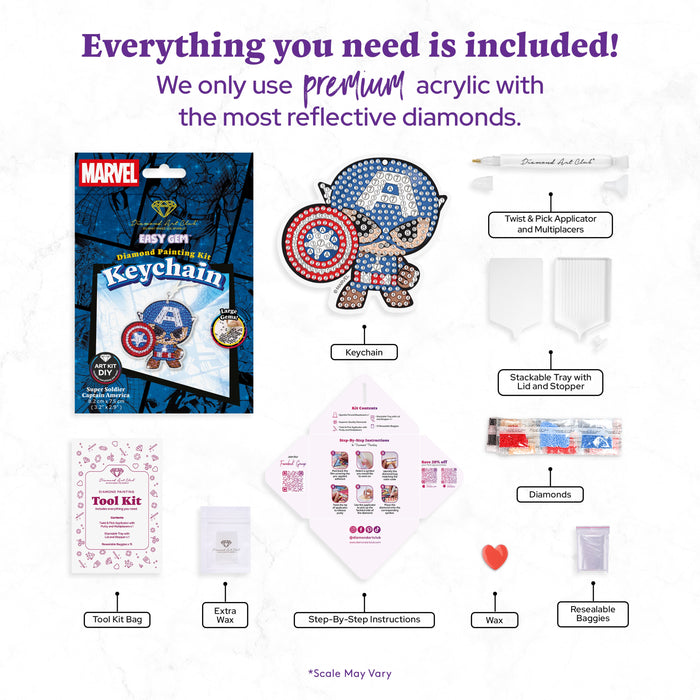 Diamond Painting Keychain - Super Soldier Captain America 3.2" x 2.9" (8.2cm x 7.5cm) / Round With 9 Colors including 9 Iridescent Diamonds / 708