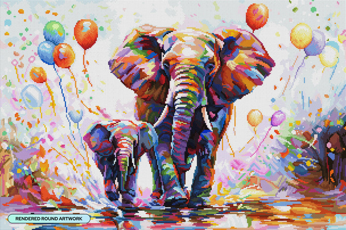 Diamond Painting Elephants Colorful Celebration 33" x 22" (83.7cm x 55.6cm) / Round with 57 Colors including 2 ABs and 4 Fairy Dust Diamonds / 61,408